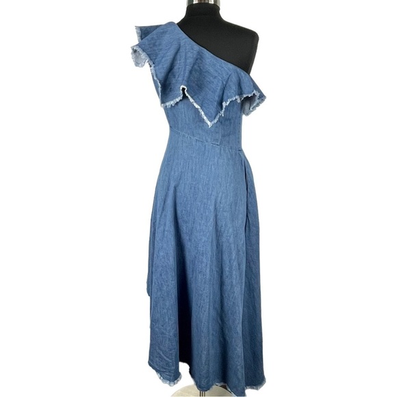TOV HOLY DENIM ONE SHOULDER RAW HEM RUFFLE HIGH LOW MIDI DRESS - Picture 6 of 16